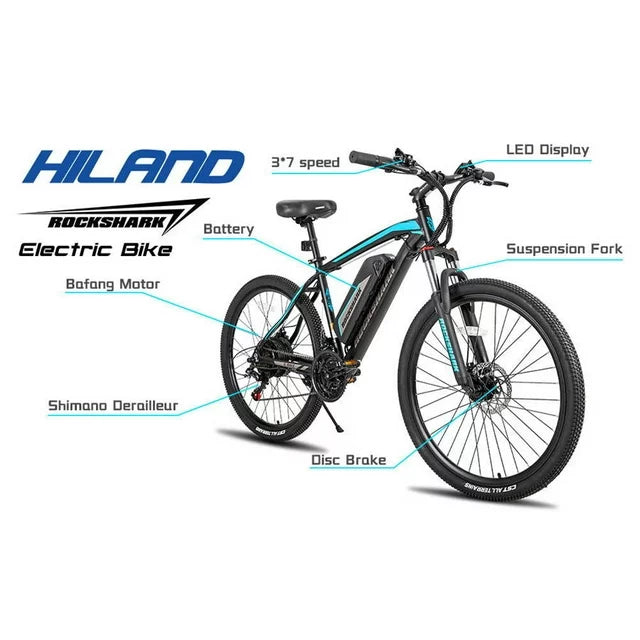 Hiland Rockshark Electric Bike Electric Mountain Bike Aluminum 26/27.5 inch 350W 20MPH Adults E-Bike Shimano 21 Speed Disc Brake Suspension Fork with 36V 10.4Ah Removable Battery