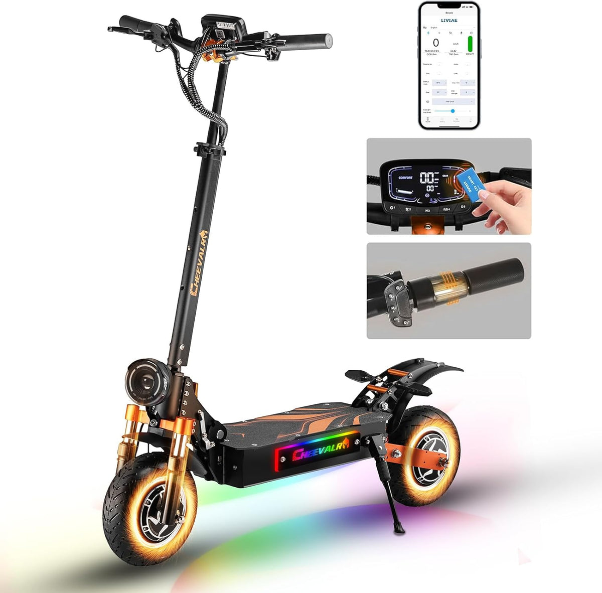 E Scooter mit Straßenzulassung, 80-100 KM Reichweite, 48V 15Ah, 10 Zoll Offroad Luftreifen, ABE Elektroroller mit Doppelter Stoßdämpfung, Faltbarer E Roller Offroad Belastung bis 150 KG, LED, App