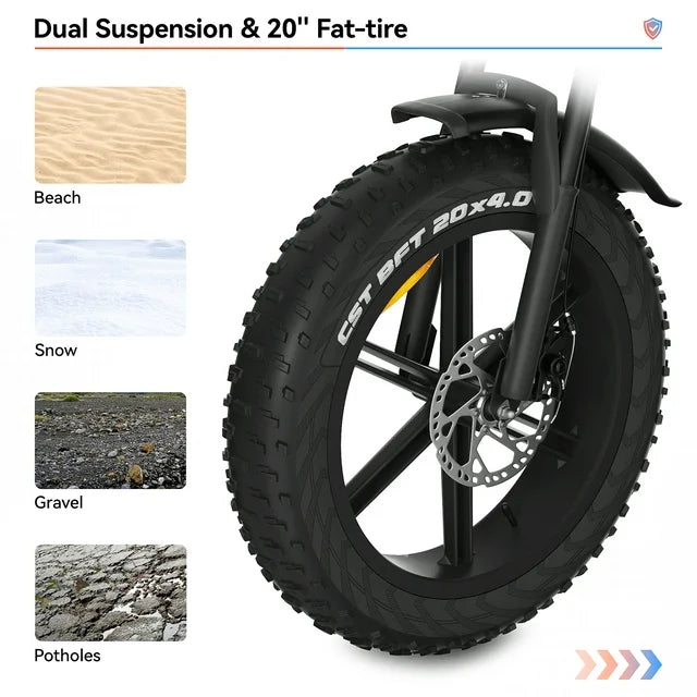 Arnahaishe 20" 4.0 Fat Tire Electric Bike for Adults, 750W Adults E Bike, 48V 14Ah Removable Li-Ion Battery, Professional 7-Speed, Electric Mountain Bicycle Beach Bike Snow Bike Ebike for Men