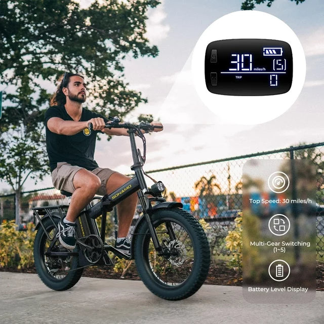 SOHAMO H3 Electric Bike for Adults 20" Fat Tire Folding Ebike, 750W Motor, 48V 15Ah Removable Battery, Front Suspension, Shimano 7 Speed Mountain Bike