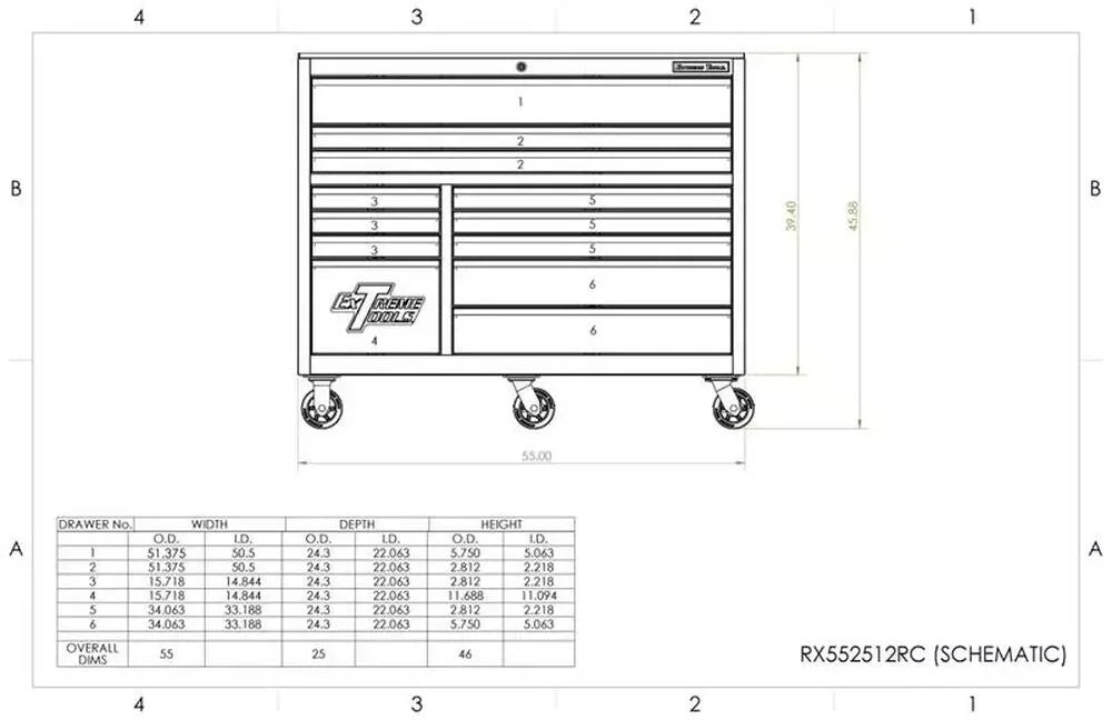 EXTREME TOOLS RX Series 55" 12 Drawer Roller with Cabinets and Saddlebags