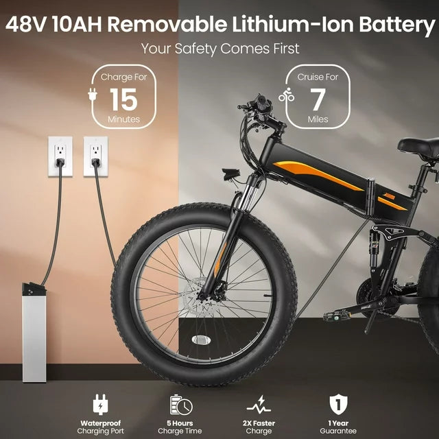 Funcid Electric Bike, 26"x4" Fat Tire Electric Bike for Adults 500W Ebike Foldable Adult Electric Mountain Bicycles with 48V 10Ah Battery, Lockable Suspension Fork, Shimano 21 Speed Gears