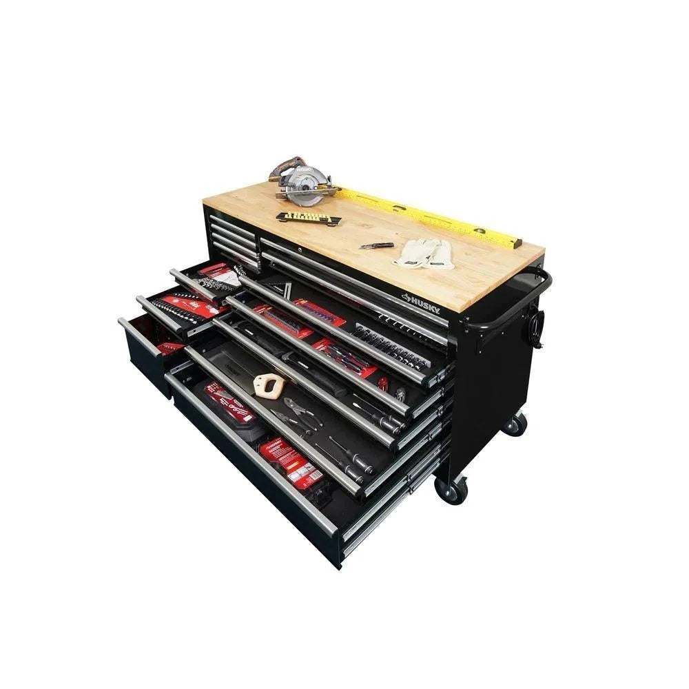 62-inch 14-drawer mobile workbench, solid wood top, black