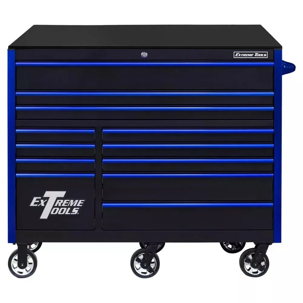 EXTREME TOOLS RX Series 55" 12 Drawer Rollers - Black with Blue Drawer Pulls