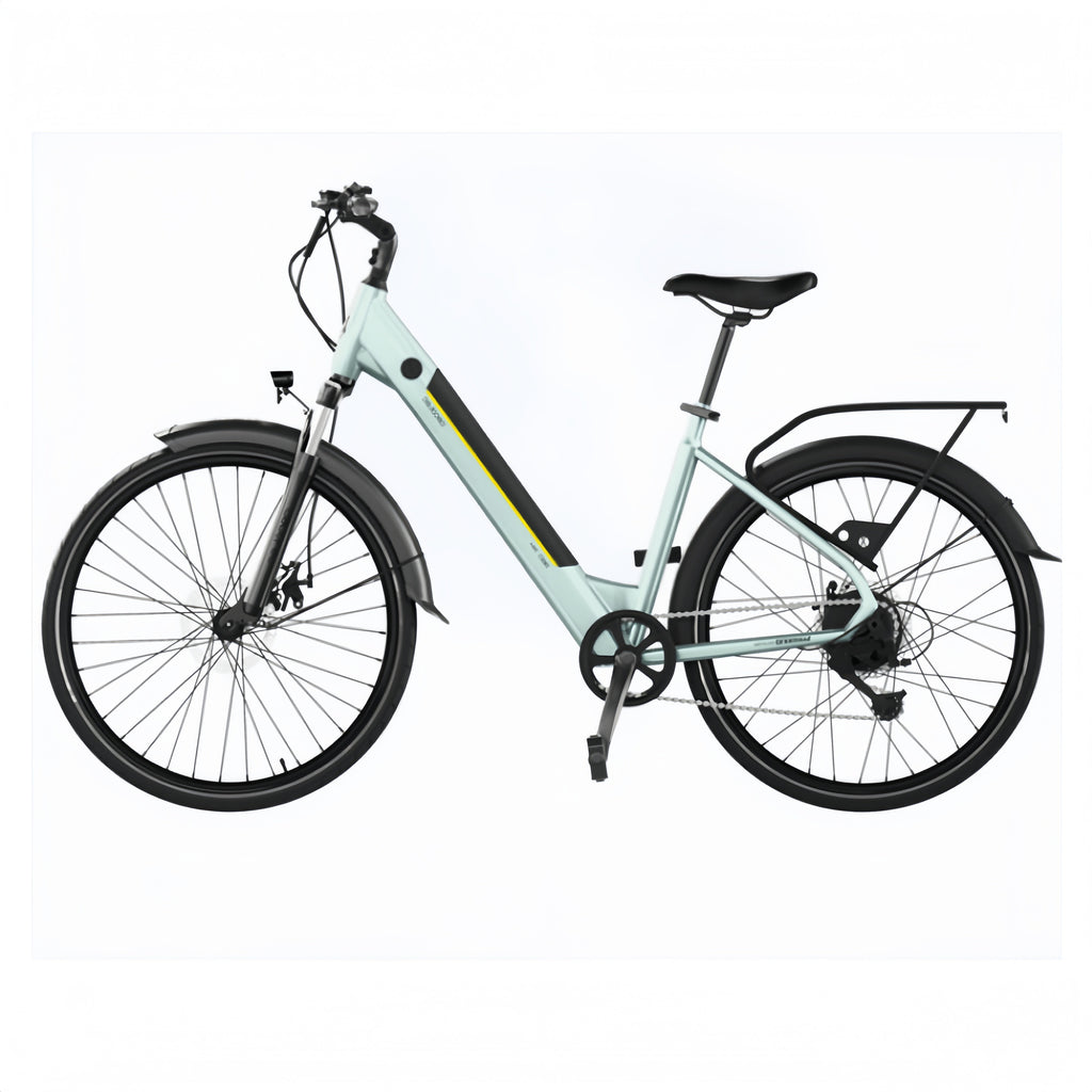 Bicicleta eléctrica Urban Bicicleta eléctrica de ciudad 28" con 90Km de autonomía, suspension delantera, cambio Shimano de 7 velocidades y doble disco de freno.